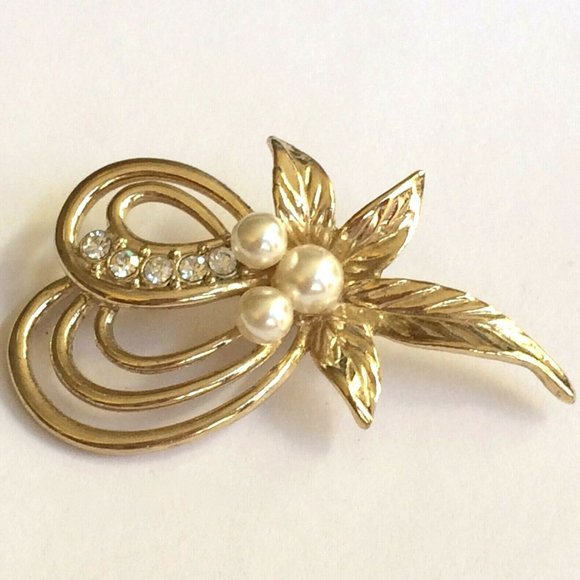 Vintage Pearl Oak Leaf Pin Brooch Fall Jewelry Crystal Flower Gold Plated Deco - Picture 6 of 11